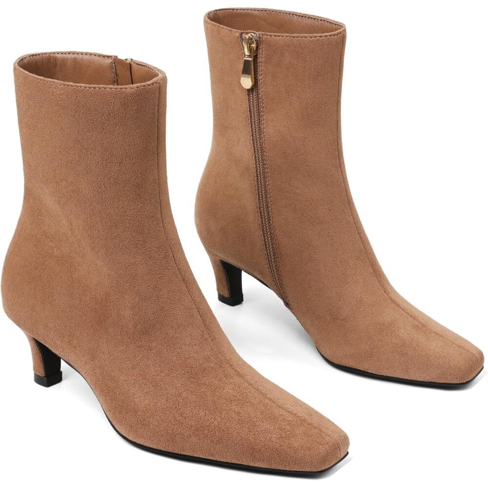 Women Taupe Suede Square Toe Kitten Faux Suede Short Low Heel Dressy Ankle Boots - Picture 4 of 6